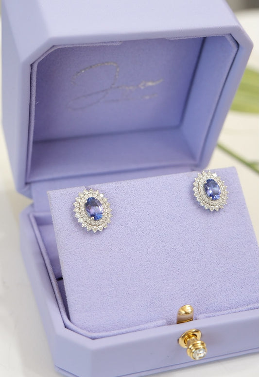 Aretes tanzanita oval doble halo