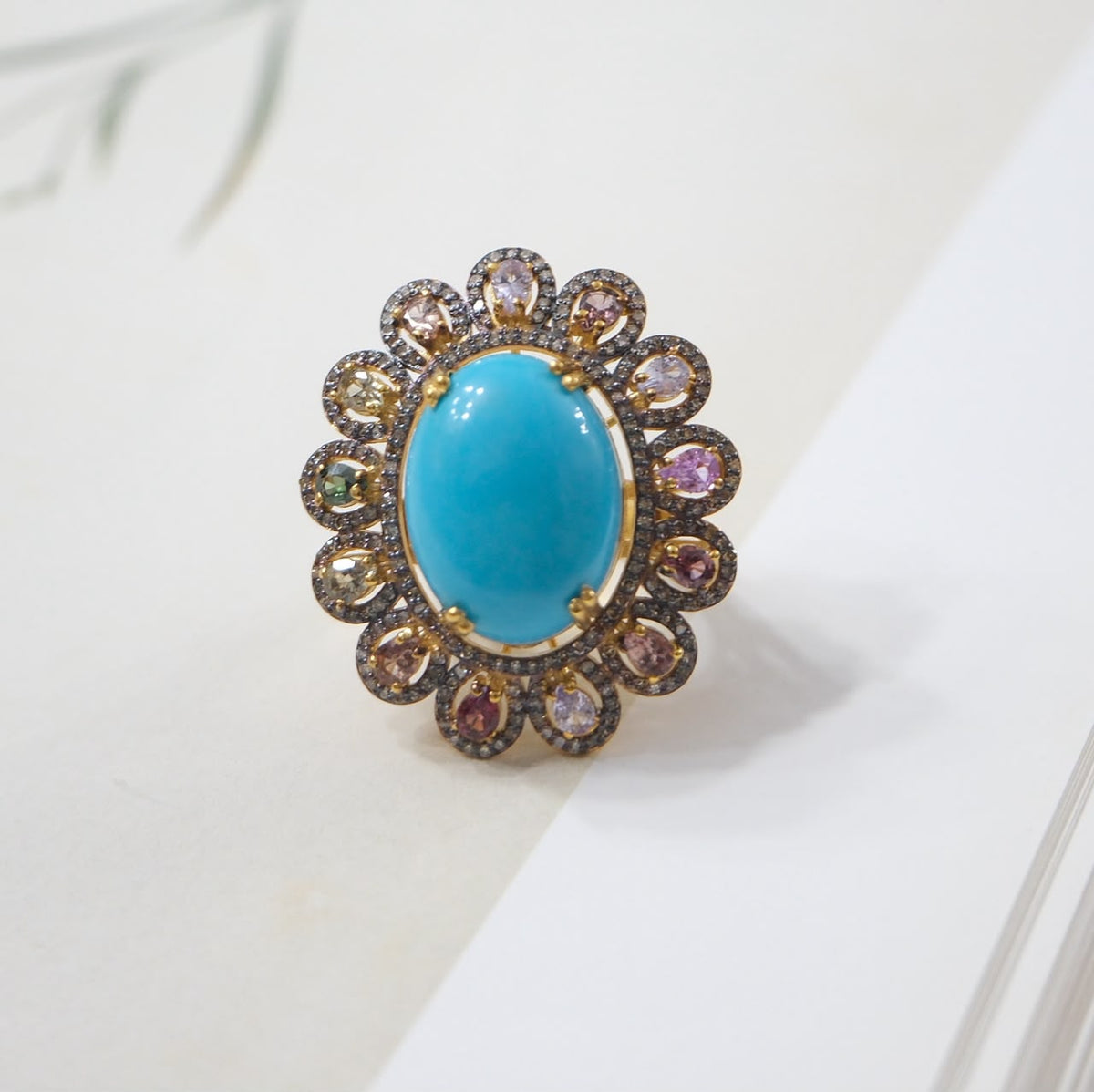 Anillo plata con turquesa y zafiros de colores talla 7.5