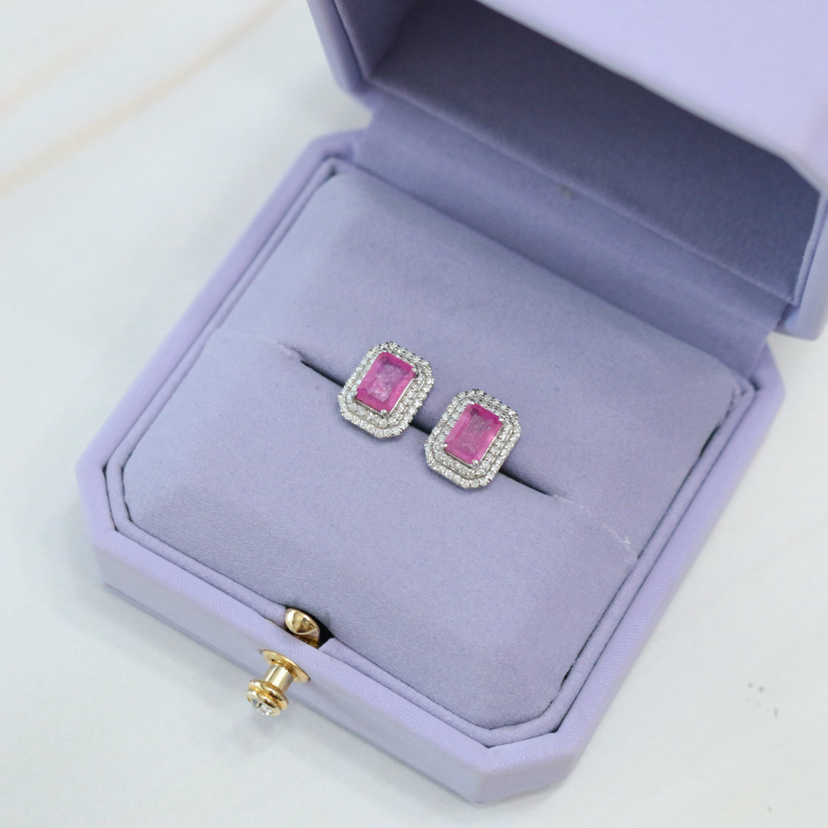 Aretes rubí rosa doble halo