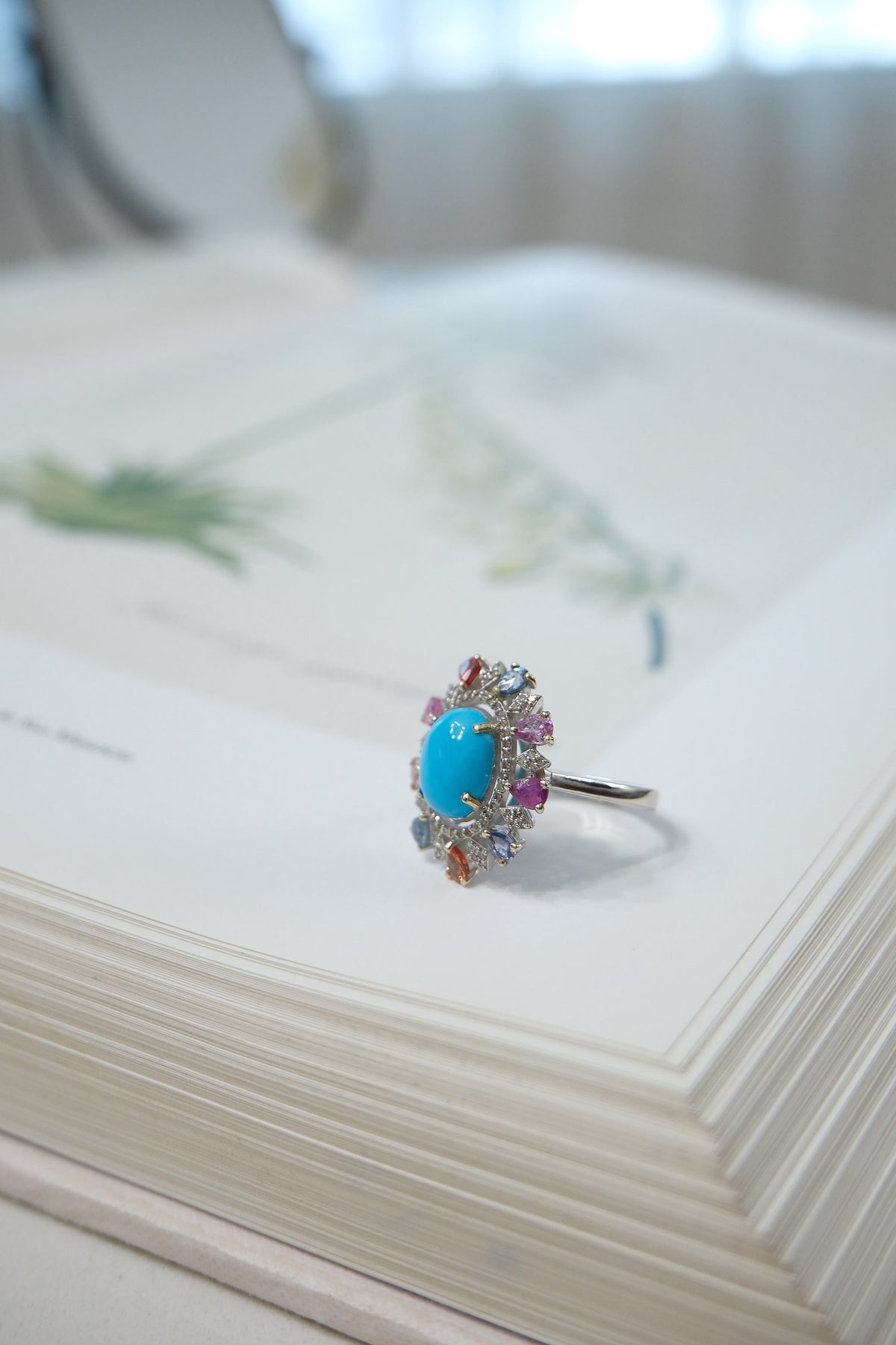 Anillo plata turquesa, zafiros y diamantes talla 7.5