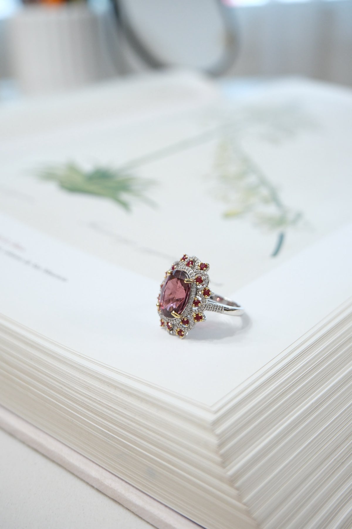 Anillo plata, diamantes, rubí y turmalina talla 7