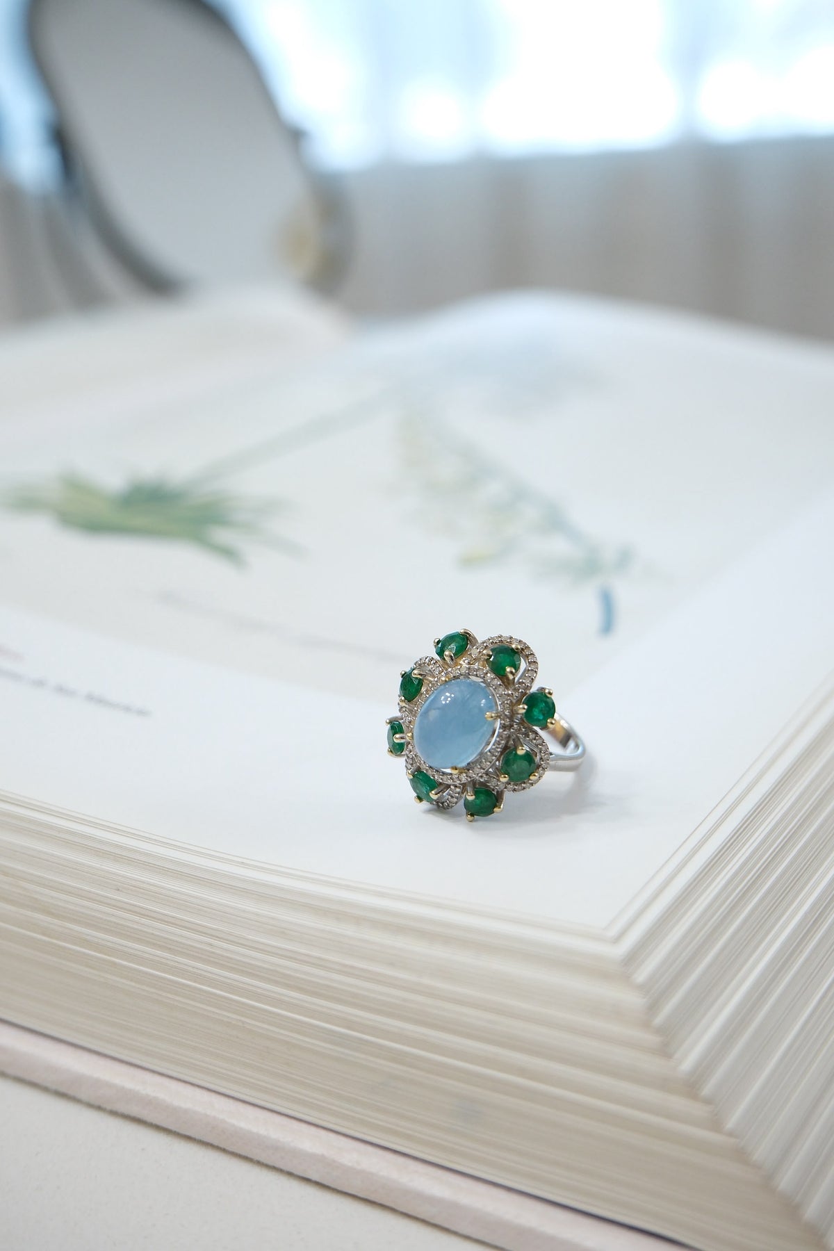 Anillo plata, aguamarina, diamante y esmeralda talla 7.5