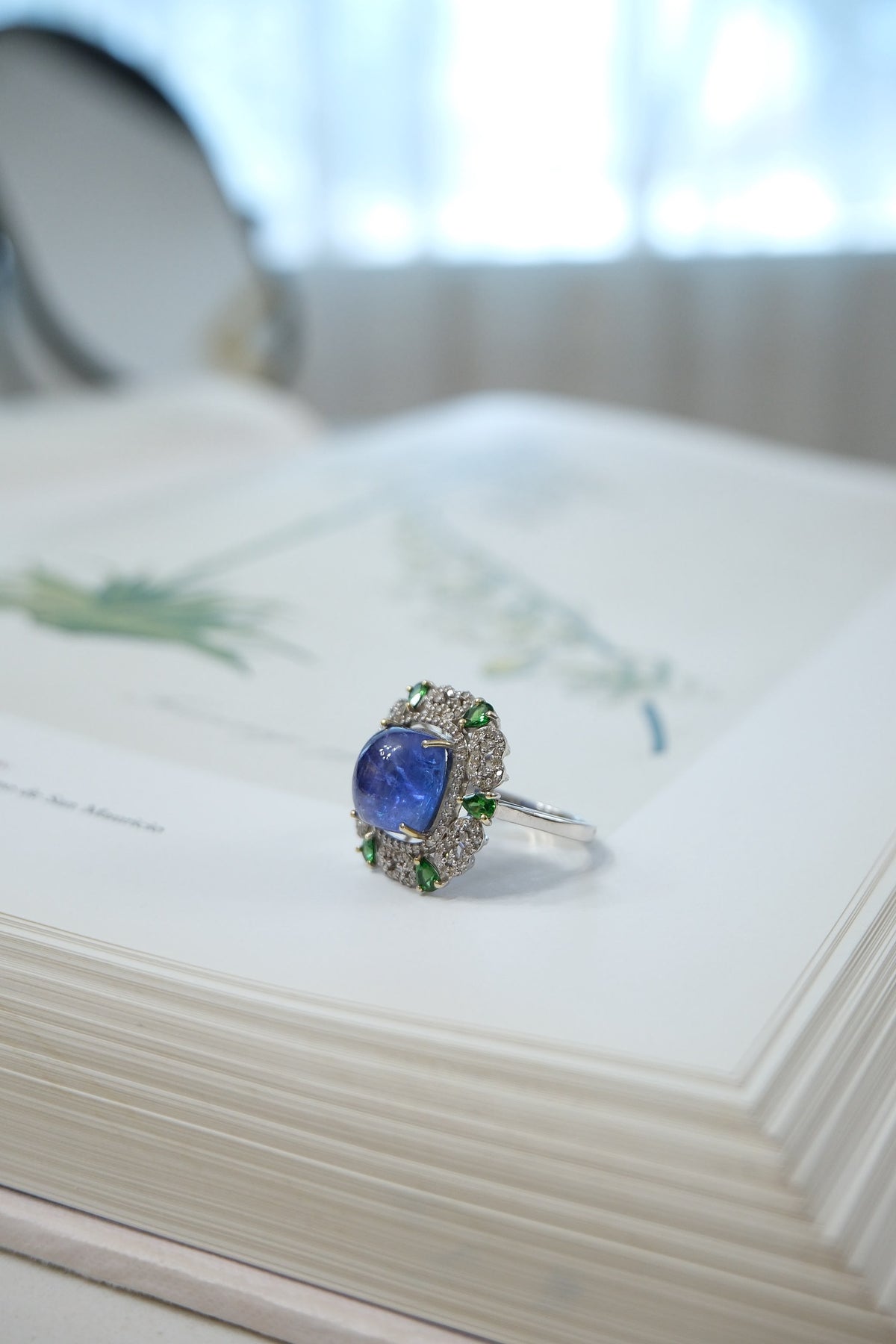 Anillo plata, diamante, tanzanita y tsavorita talla 9