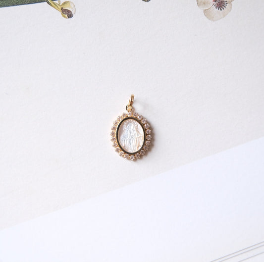 Medalla de la milagrosa de madre perla con oro 14k y Circonias