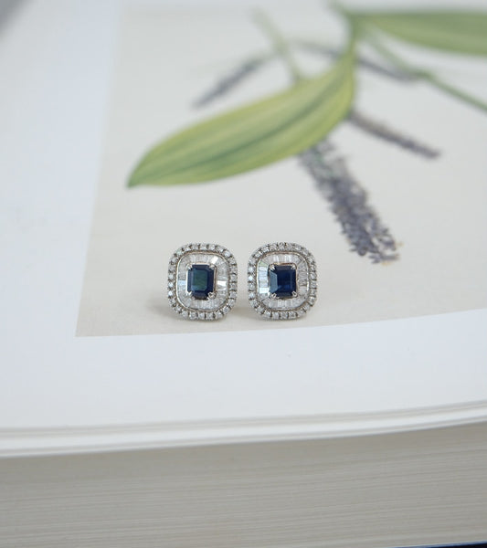 Aretes zafiro halo baguettes