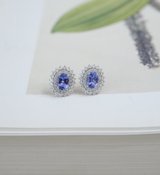 Aretes tanzanita oval doble halo