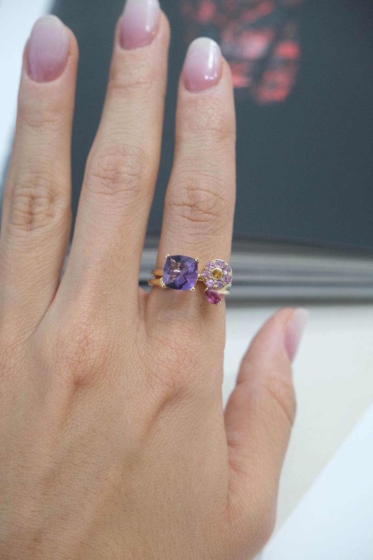 Duo ring amatista, zafiros y rubis