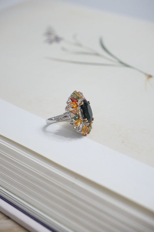 Anillo plata con diamantes, zafiro azul y zafiros de colores talla 7.5