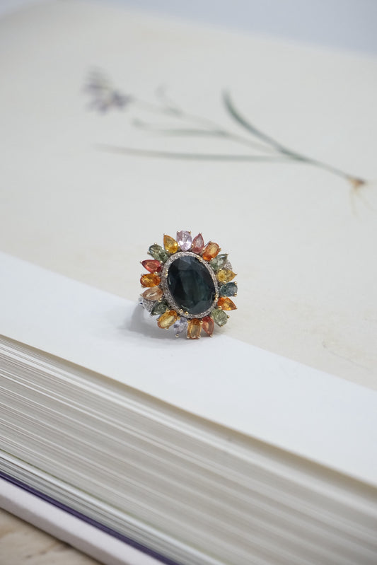 Anillo plata con diamantes, zafiro azul y zafiros de colores talla 7.5