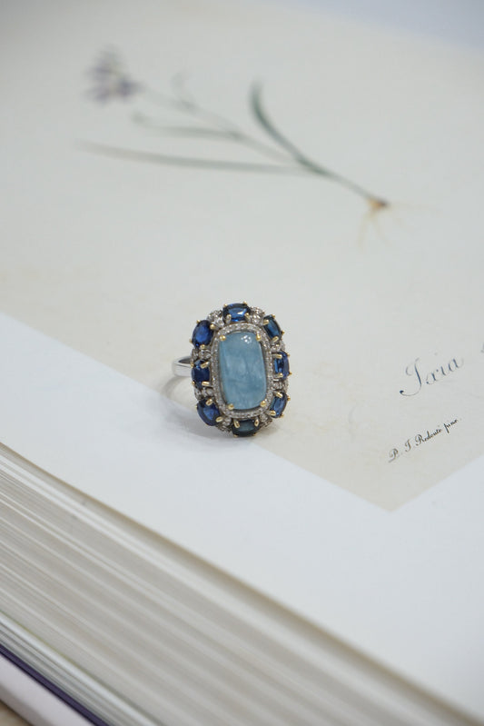 Anillo plata con aguamarina, diamantes y zafiros talla 7.5