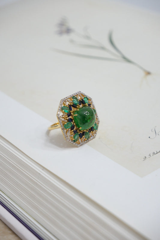 Anillo plata con diamantes, esmeraldas y zafiros talla 6.5