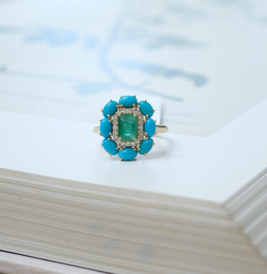 Anillo flor turquesas y esmeralda