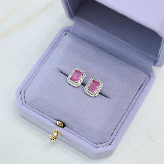 Aretes rubí rosa doble halo