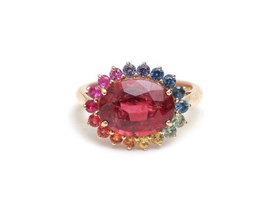 Anillo de turmalina con halo de zafiros de colores